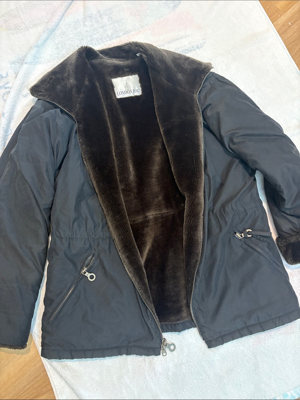 London Fog Black Coat with Dark Brown Faux Fur Trim